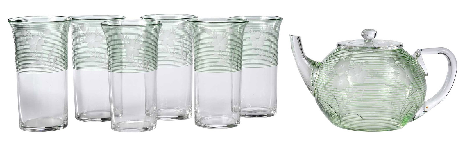 American Brilliant Period Cut Glass Teapot and Tumblers: comprising: rare Sinclaire green to clear threaded teapot, floral intaglio, Sinclaire "S" mark at base of handle, 5-1/8 x 8-3/8 x 5-3/4 in.; six flared tumblers, floral intagl