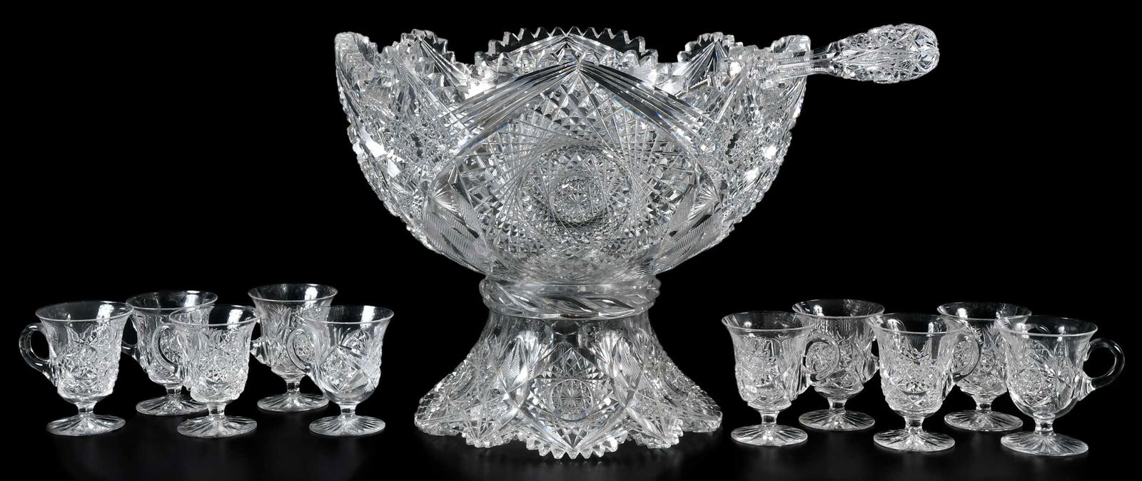 American Brilliant Period Cut Glass Punch Bowl, Ladle, Cups (1 of 12)