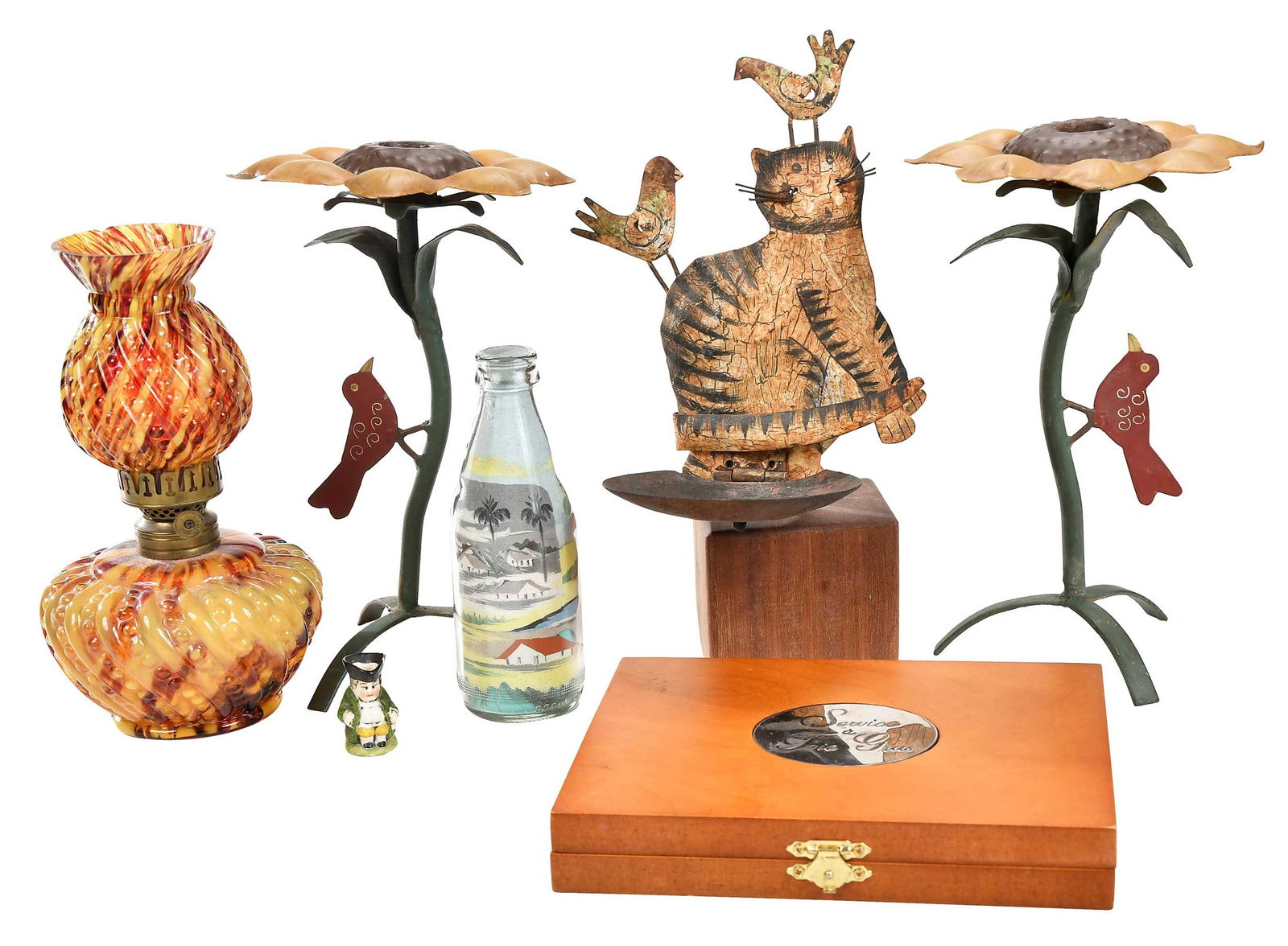Group of Seven Assorted Modern Decorative Objects: 20th century, comprising: pair of painted metal sunflower candlesticks, each approximately 9-1/4 x 5-7/8 in.; silver plate foie gras set in fitted wood case, 1-1/4 x 7-7/8 x 6 in.; sand art bottle wit