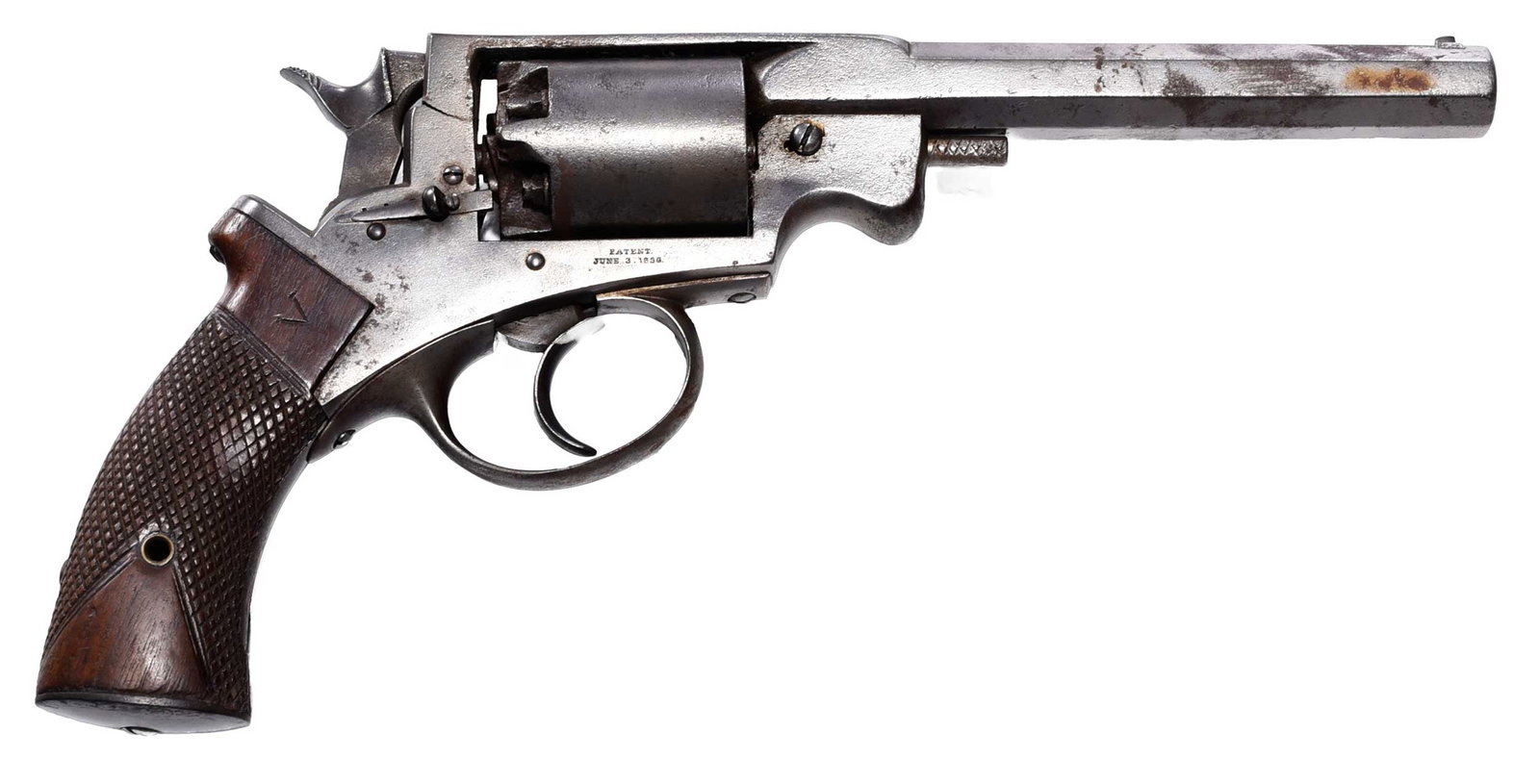 Mass. Arms Adams Patent Revolver: serial number 422 on frame and cylinder, manufactured from 1857 to 1861, 6 in. octagonal barrel with blade front sight, .36 caliber, five shot, double action percussion revolver, indiscernible "M