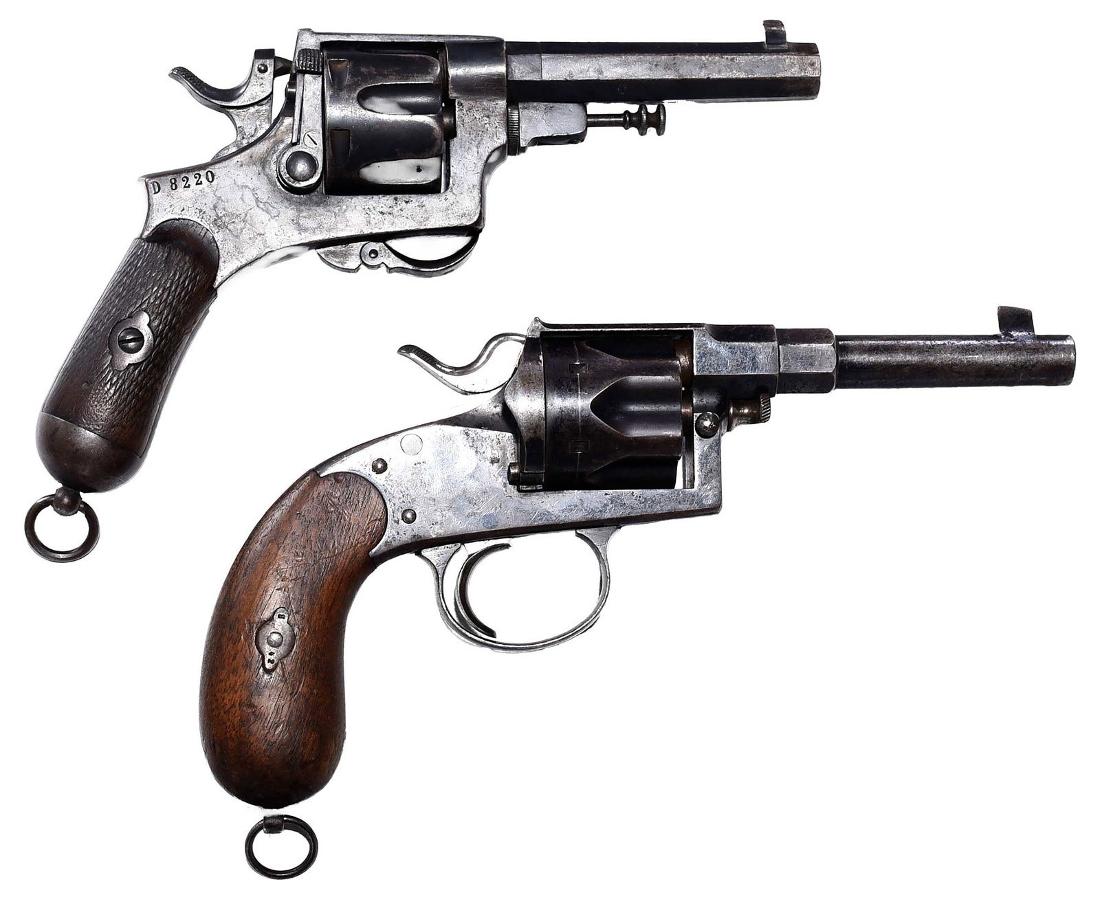 Two Pre 1900 Italian and German Revolvers: Italian Glisenti Brescia Model 1889 double action revolver, serial number D8220, 10.35 mm cartridge, 4-1/2 in. barrel, large dovetail front sight, slot in frame rear sight, stamped "GLISENTI BRES