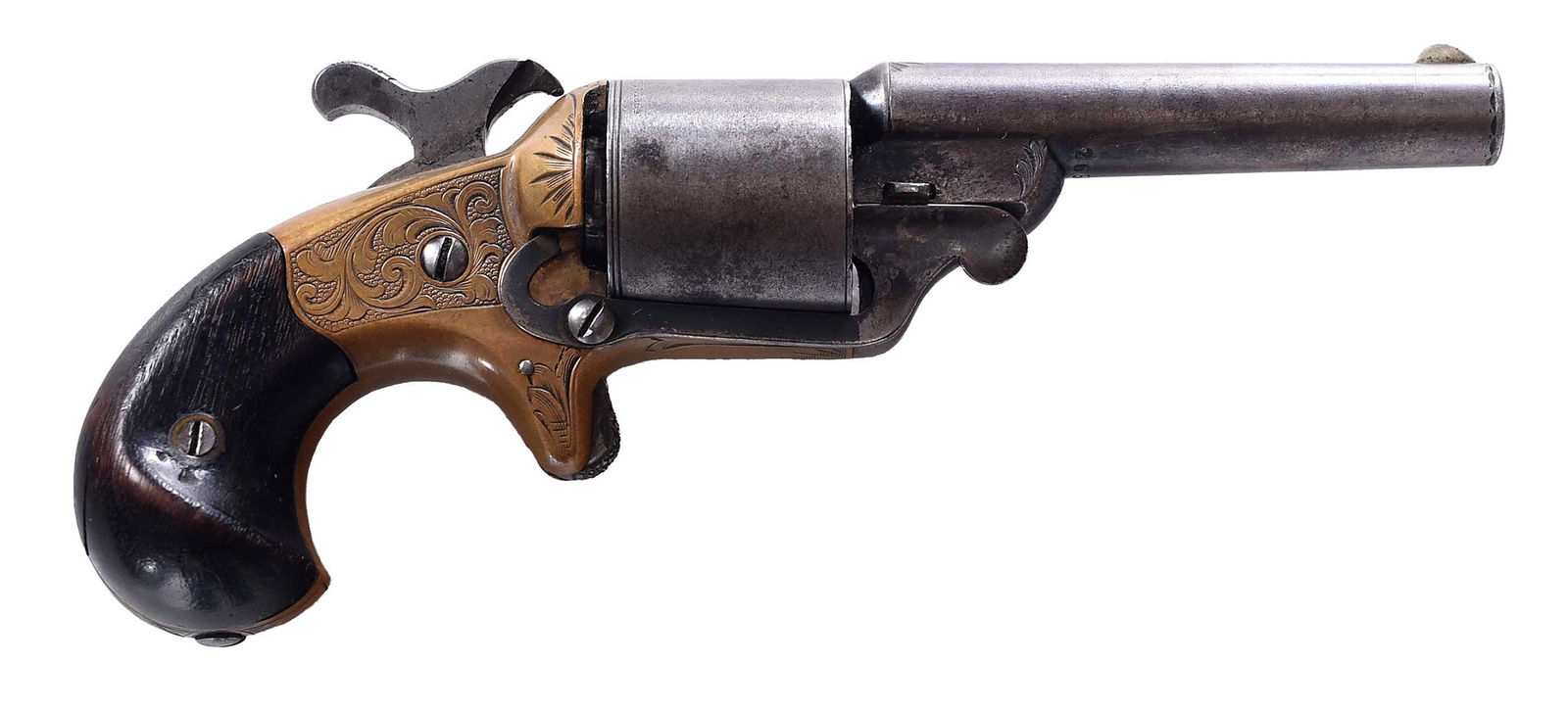 Moore's Patent Teat Fire Revolver by National Arms Co.: serial number 26593 under barrel, 1864 to 1870, manufactured by the Moore's Patent Firearms Company and the National Arms Company, Brooklyn, New York, 32 caliber teat fire cartridge, 3-1/4 in
