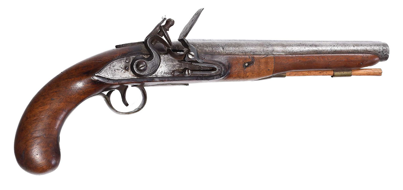 George Jones Marked British Flintlock Pistol: circa 1750 to 1800, likely .58 caliber, 9-3/8 in. round barrel with smooth bore, Birmingham inspectors marks to left side of barrel, engraved "GEO. JON..." lock plate, engraved brass trigger