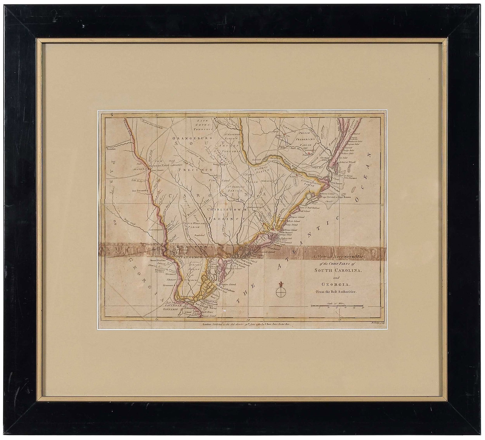 Framed Map of South Carolina and Georgia: engraver Jonathan Lodge, A New and Accurate Map of the Chief Parts of South Carolina and Georgia from From the Best Authorities, London, 1780, for Political Magazine, engraving on laid paper with hand