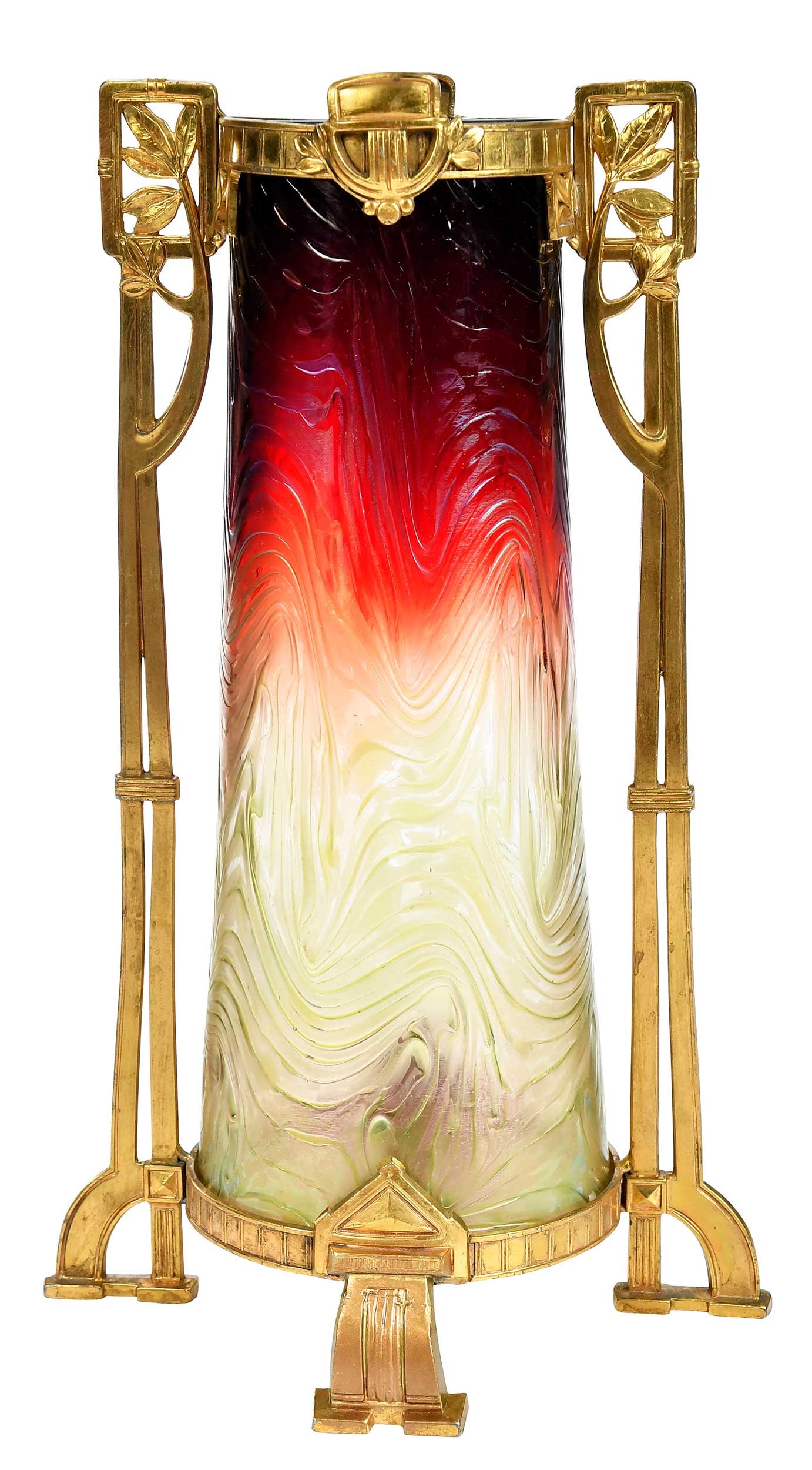 Loetz Jugendstil Iridescent Art Glass Vase: Austrian, late 19th/early 20th century, unmarked, tapered glass vase with "Phaenomen" iridescent decoration, geometric and foliate bronze mounts, 11-1/4 x 7 x 5-3/4 in. Provenance: Private C