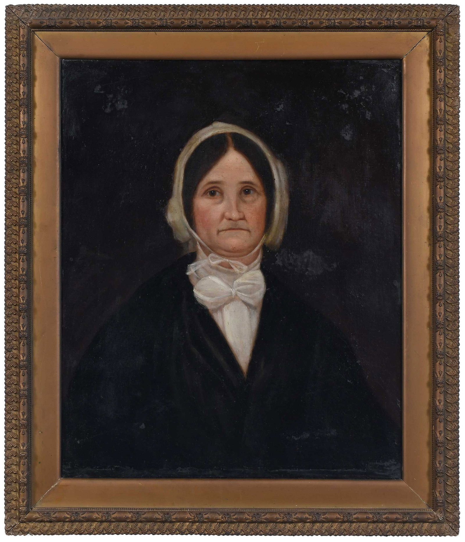 Samuel Shaver Portrait of a Woman: (American/Tennessee, 1816-1878) Portrait of a Tennessee Woman, unsigned, oil on canvas, 27 x 21-1/2 in.; wood frame with applied decoration, 33-1/2 x 28-1/2 in. Provenance: Collection of Carole Wahler