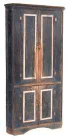 Georgia Paneled Yellow Pine Corner Cupboard in Early Blue and White Paint