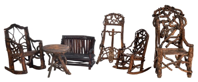 Six Blowing Rock Folk Art Miniature Twig Objects