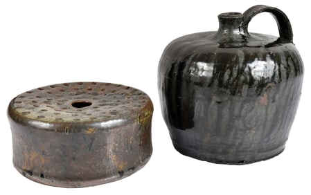 Southern Stoneware Buggy Jug and Unusual Stoneware Flower Frog