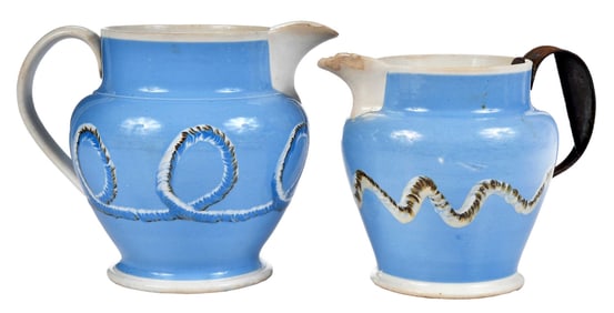 Two English Mochaware Earthworm Pitchers