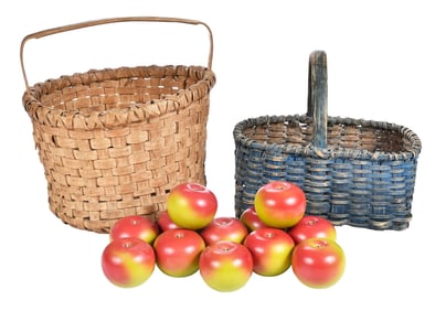 Two Southern Woven Baskets with 12 Carved and Painted Wood Apples