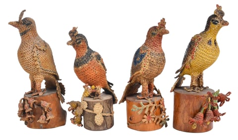 Four Folk Art Crocheted and Painted Birds