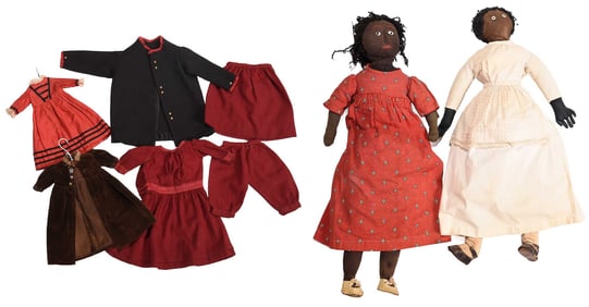 Two Black Americana Stuffed Dolls with Six Associated Pieces of Doll Clothing