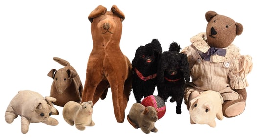 Nine Early Stuffed Animals and Knit Ball