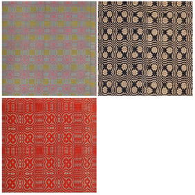Three American Overshot Coverlets, 'Sun, Moon, & Stars' variation, 'Flourishing Wave', "Cat Tracks
