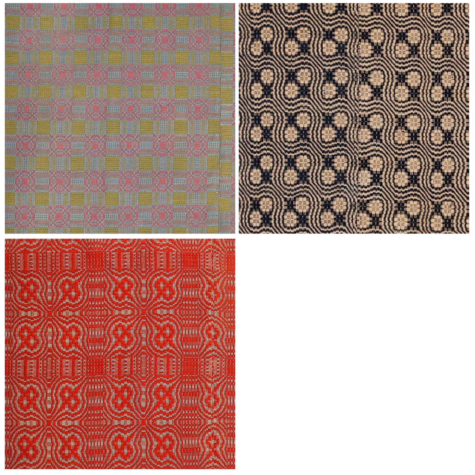 Three American Overshot Coverlets, 'Sun, Moon, & Stars' variation, 'Flourishing Wave', "Cat Tracks (1 of 16)