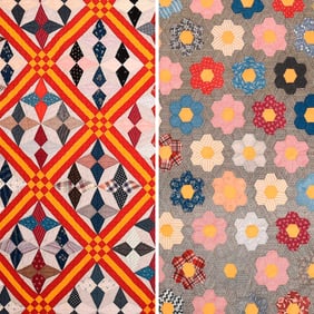 Two American Patchwork Quilts in Whimsical Patterns, Grandma's Flower Garden