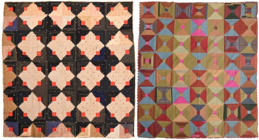 Two American 'Log Cabin' Patchwork Quilts
