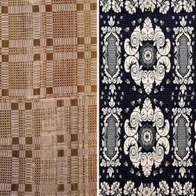 Two American Overshot Coverlets, 'Snowballs' variation, Medallion Motif