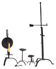 Five Early Wrought Iron Lighting Devices and Accessories