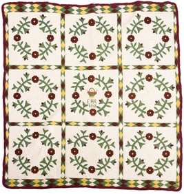 Kentucky 'Rose of Sharon' Patchwork Quilt, Initialed and Dated 1861