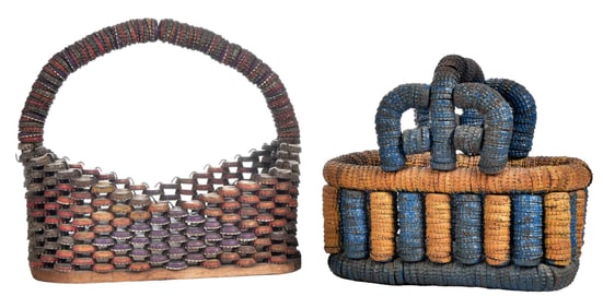Two Folk Art Bottle Cap Baskets