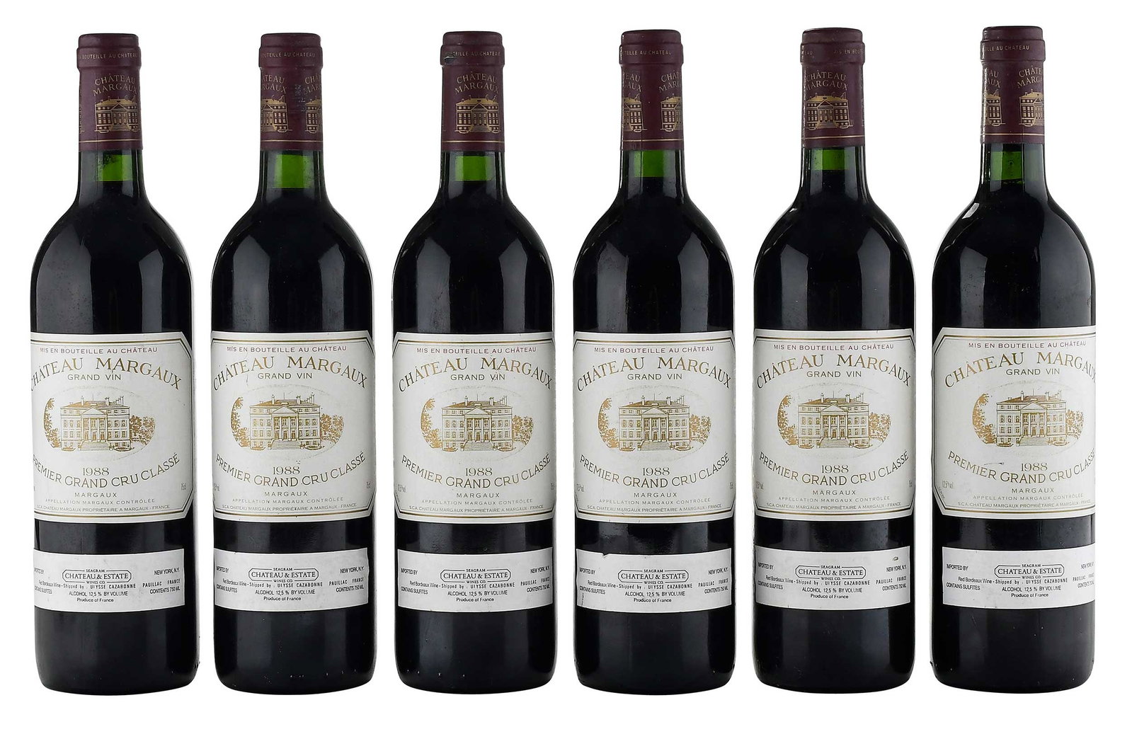 Six Bottles 1988 Chateau Margaux: Vintage 1988, Margaux, France, Red Bordeaux, 750 ml, alcohol 12.5% by volume Provenance: Private Collection, Biltmore Forest, North Carolina Note: Please note purchases of wine and/or spirits are not 