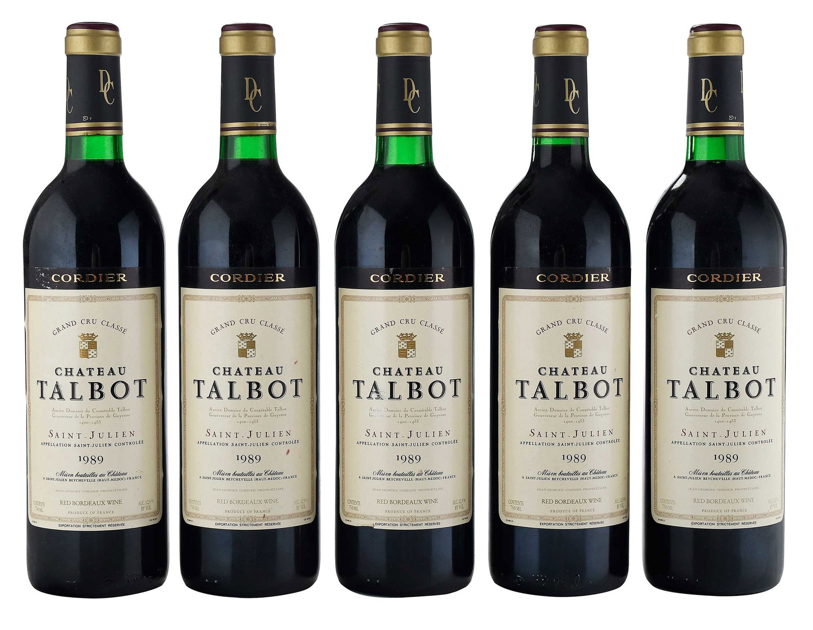 Five Bottles 1989 Chateau Talbot: Vintage 1989, Saint-Julien, France, Red Bordeaux, 750 ml, alcohol 12.5% by volume Provenance: Private Collection, Biltmore Forest, North Carolina Note: Please note purchases of wine and/or spirits are