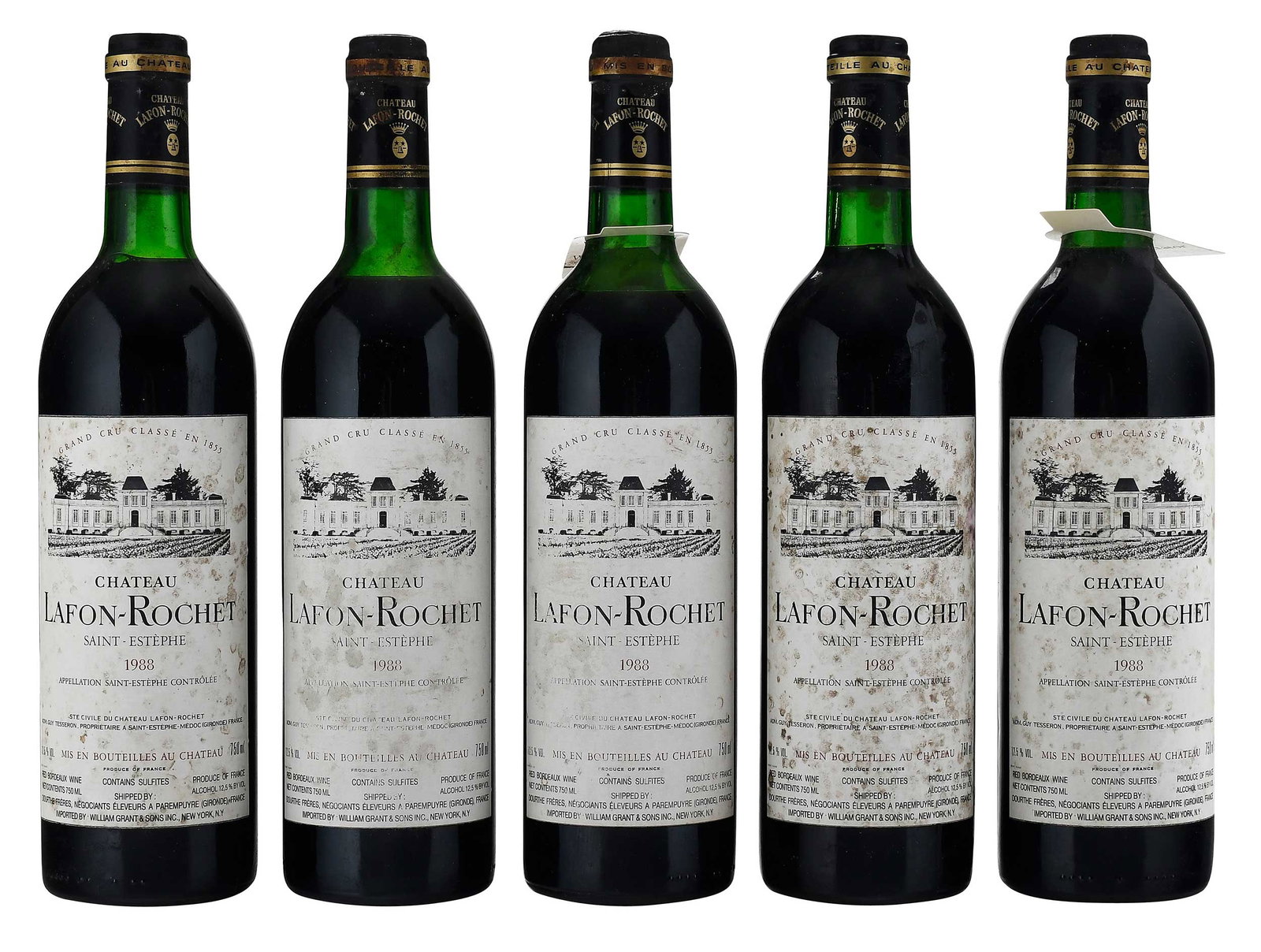 Five Bottles 1988 Chateau Lafon-Rochet: Vintage 1988, Saint-Estephe, France, Red Bordeaux, 750 ml, alcohol 12.5% by volume Provenance: Private Collection, Biltmore Forest, North Carolina Note: Please note purchases of wine and/or spirits ar