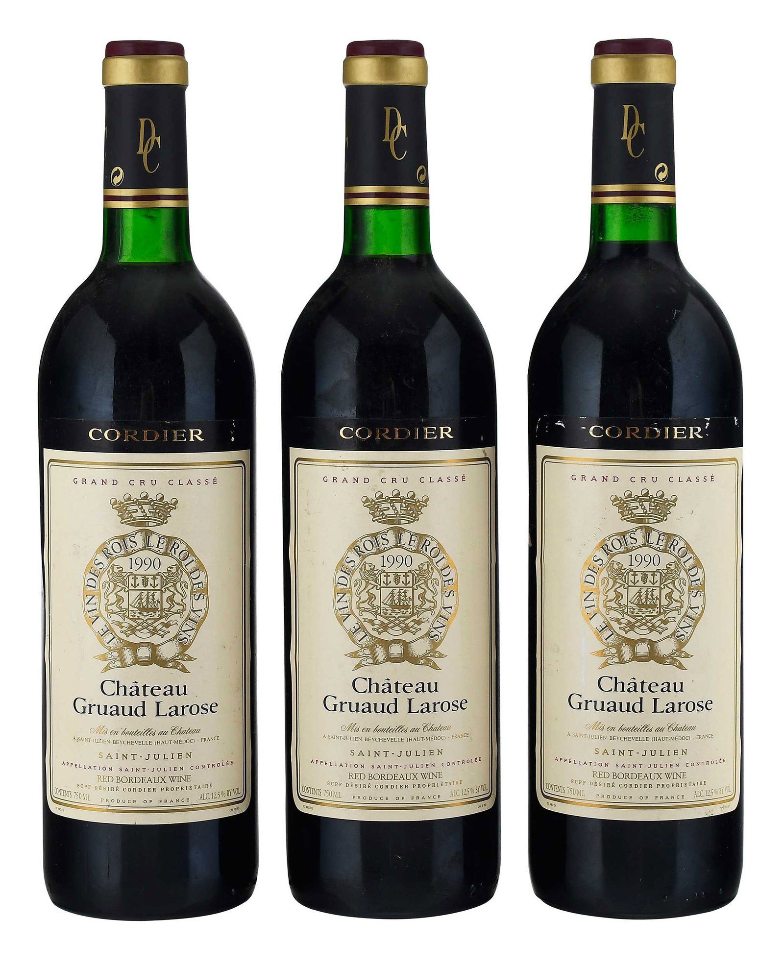 Three Bottles 1990 Chateau Gruaud-Larose: Vintage 1990, Saint-Julien, France, Red Bordeaux, 750 ml, alcohol 12.5% by volume Provenance: Private Collection, Biltmore Forest, North Carolina Note: Please note purchases of wine and/or spirits are