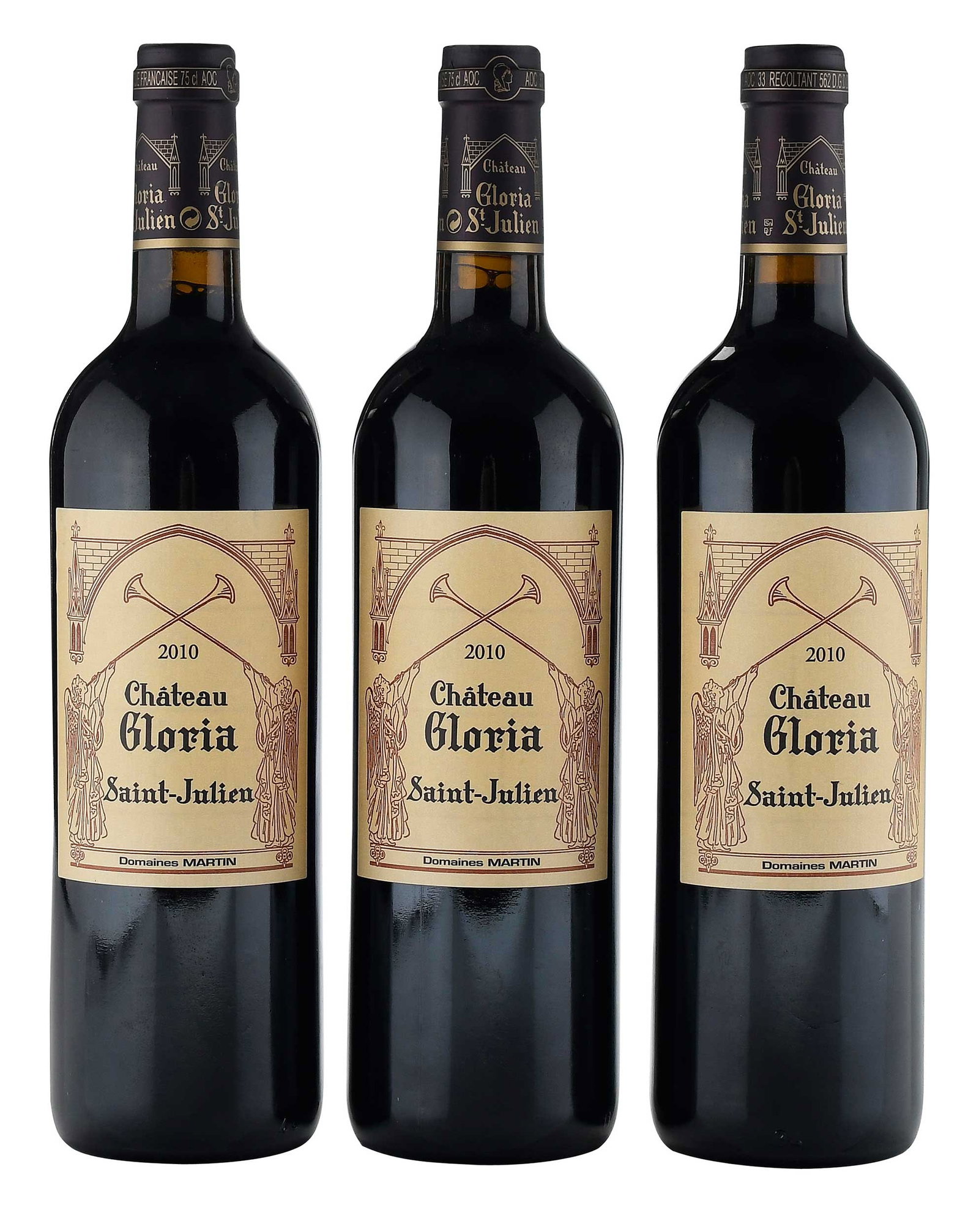 Three Bottles 2010 Chateau Gloria: Vintage 2010, Saint-Julien, France, Red Bordeaux, 750 ml, alcohol 13.5% by volume Provenance: Private Collection, Biltmore Forest, North Carolina Note: Please note purchases of wine and/or spirits are