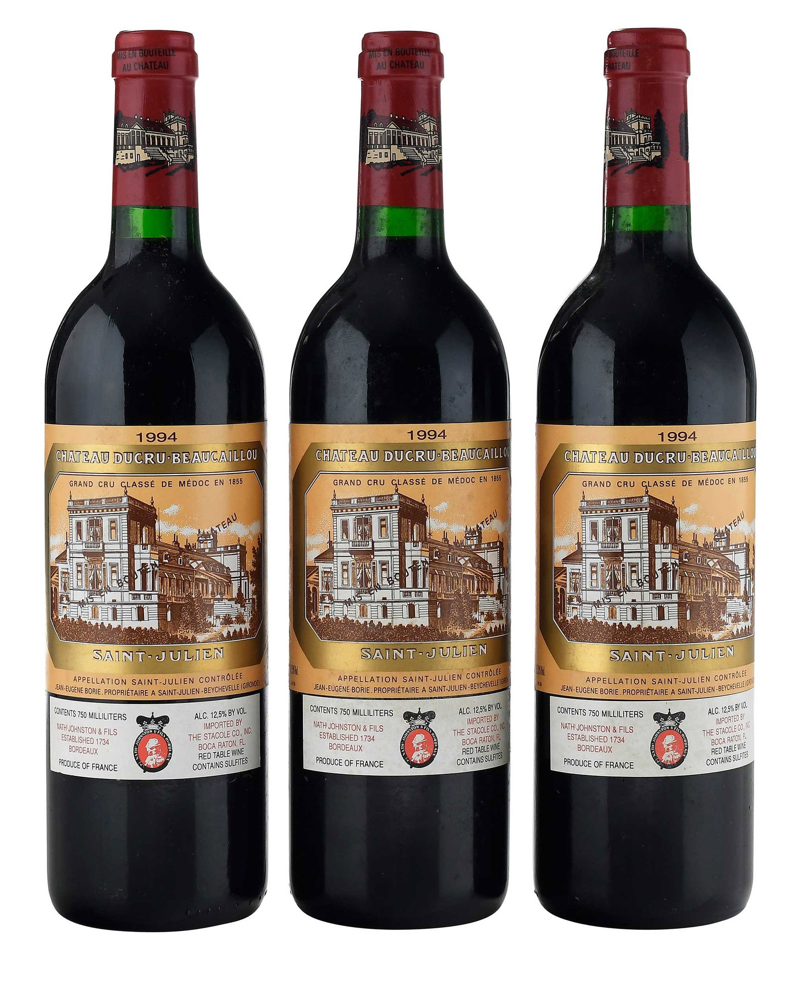Three Bottles 1994 Chateau Ducru-Beaucaillou: Vintage 1994, Saint-Julien, France, Red Bordeaux, 750 ml, alcohol 12.5% by volume Provenance: Private Collection, Asheville, North Carolina Note: Please note purchases of wine and/or spirits are not a