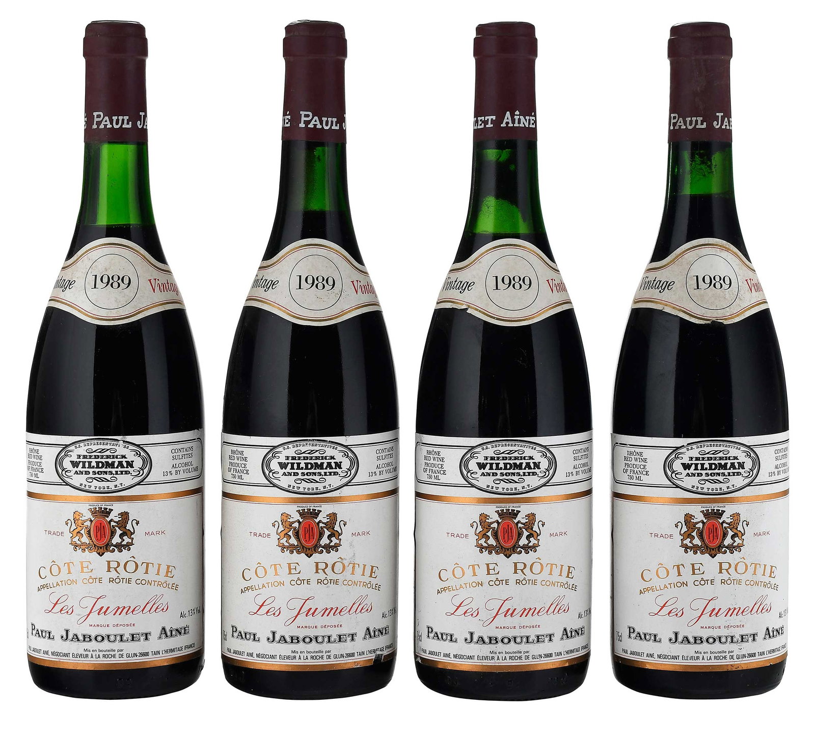 Four Bottles 1989 Paul Jaboulet Aine Cote Rotie Les Jumelles: Vintage 1989, Rhone, France, 750 ml, alcohol 13% by volume Provenance: Private Collection, Biltmore Forest, North Carolina Note: Please note purchases of wine and/or spirits are not available for in h