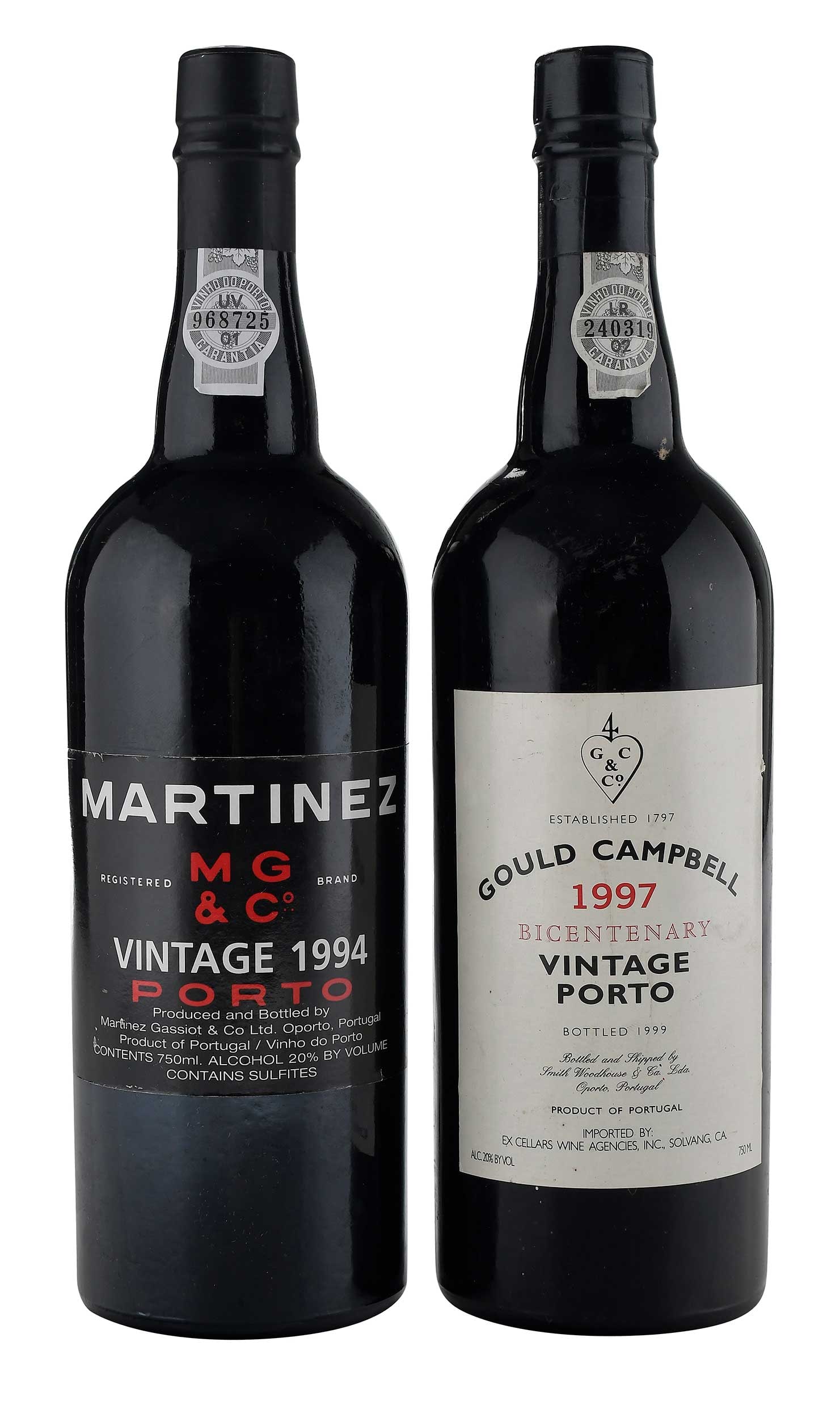 Two Bottles Port Wine, 1994 Martinez & 1997 Gould Campbell: one bottle Martinez Vintage Port, Vintage 1994, Portugal, Port, 750 ml, alcohol 20% by volume; one bottle Gould Campbell Port, Vintage 1997, Portugal, Port, 750 ml, alcohol 20% by volume Provenance: A