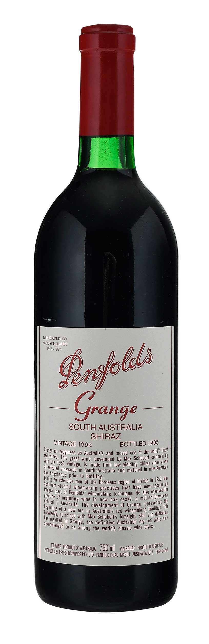 1992 Penfolds Grange: Vintage 1992, Australia, Shiraz Blend, 750 ml, alcohol 13.5% by volume Provenance: Private Collection, Athens, Georgia Note: Please note purchases of wine and/or spirits are not available for in house