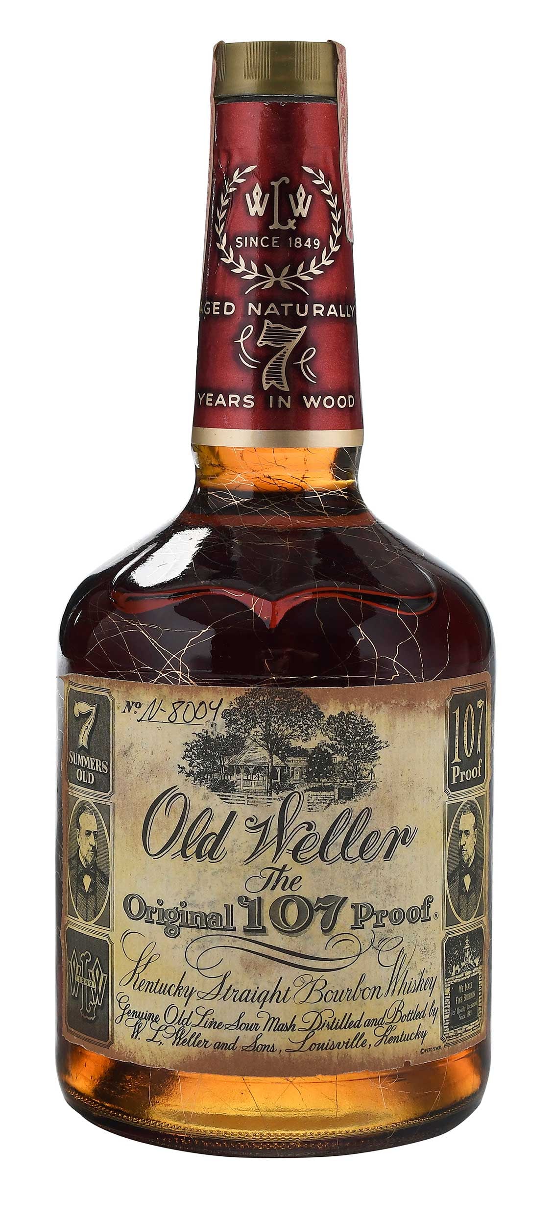 One Bottle Old Weller Original 107 Barrel Proof 7 Year Old 1970: Circa 1970, Louisville, Kentucky, Bourbon Whiskey, 750 ml, 107 proof, original velvet dust bag Provenance: Property from a Florida Estate Note: Please note purchases of wine and/or spirits are not ava