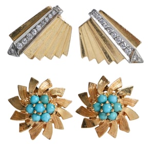 Two Pairs 18kt. Earrings, Diamonds and Turquoise