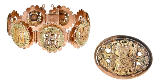 18kt. Aztec Motif Brooch and Bracelet