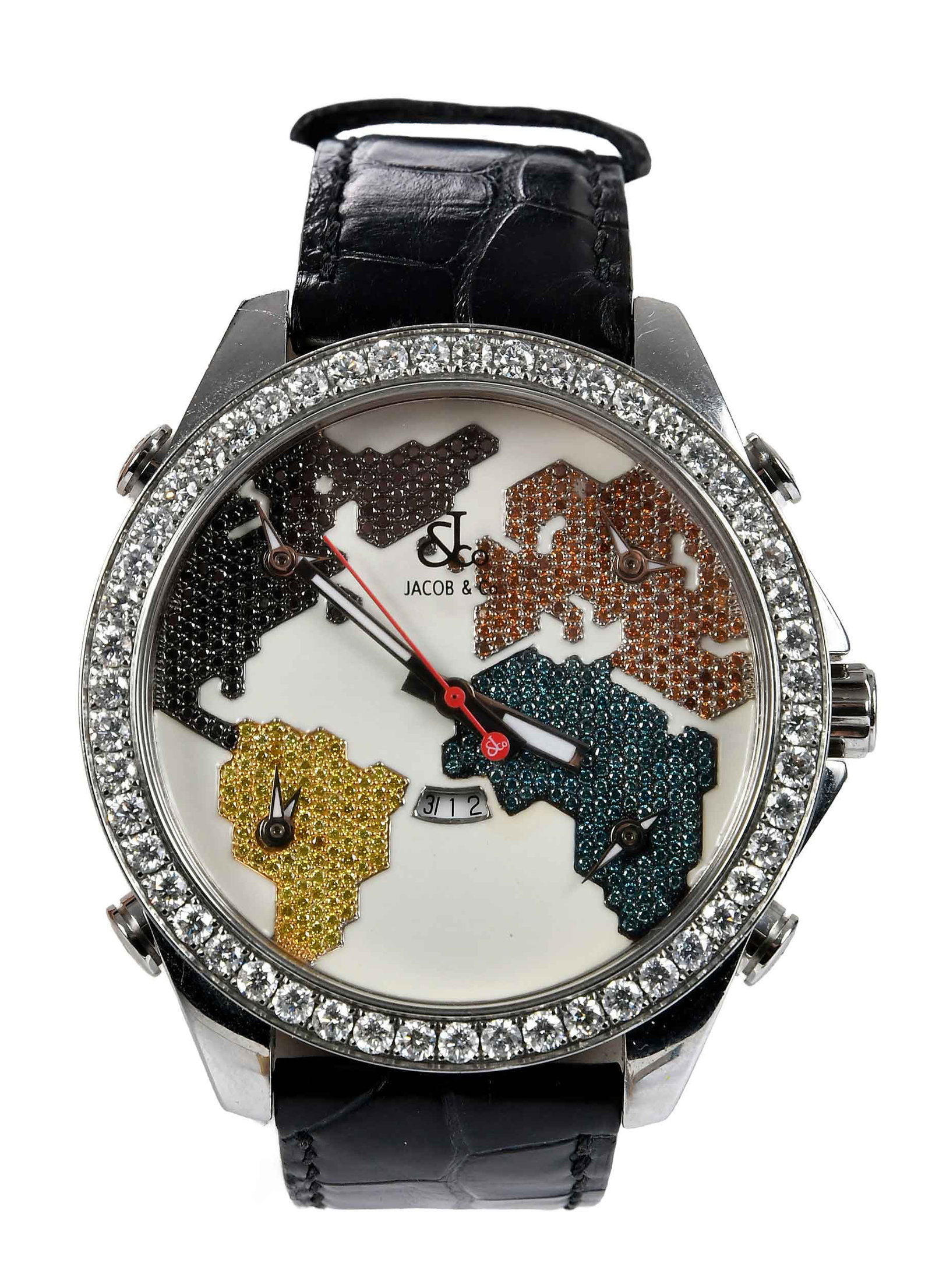 Jacob & Co. Five Time Zone Diamond Bezel "World is Yours" Watch: stainless steel unisex round ivory colored dial, 47mm, round diamond set bezel, approx. 3.00ctw., four additional gem set time dials for New York, Los Angeles, Paris, and Tokyo, each with their own wh