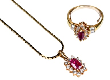 Diamond Halo Ruby Pendant and Ring