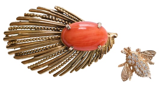 Two 14kt. Vintage Brooches, with Diamond and Coral