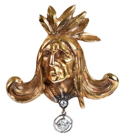 18kt. Native American Brooch with Two Diamonds