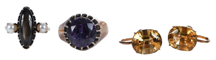 Two Gold Gemstone Rings and Pair of Earrings