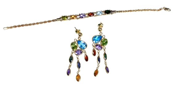 18kt. Multi Colored Gemstone Chandelier Earrings and Bracelet