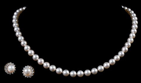 Pearl Necklace with 14kt. Clasp and 14kt. Pearl and Diamond Earrings