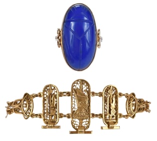 18kt. Egyptian Bracelet and 14kt. Lapis Carved Scarab Ring