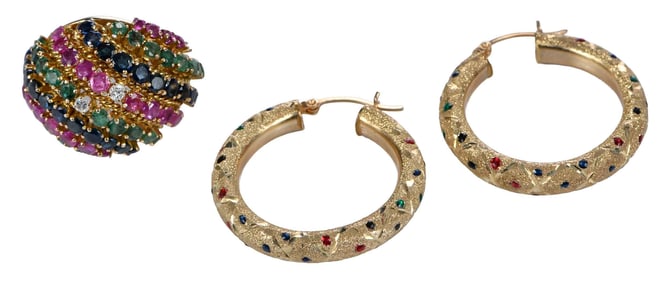 14kt. Gemstone with Diamond Cocktail Ring, and Faux Gemstone Hoop Earrings