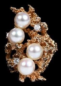 14kt. Pearl and Diamond Textured Ring