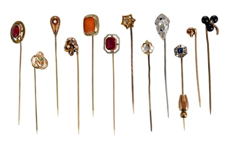 Twelve Antique Stickpins, Assorted Gemstones