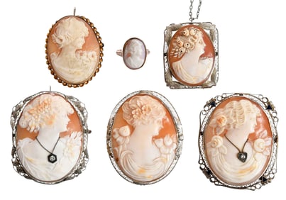 Five Victorian Cameo Brooch/Pendants and Ring